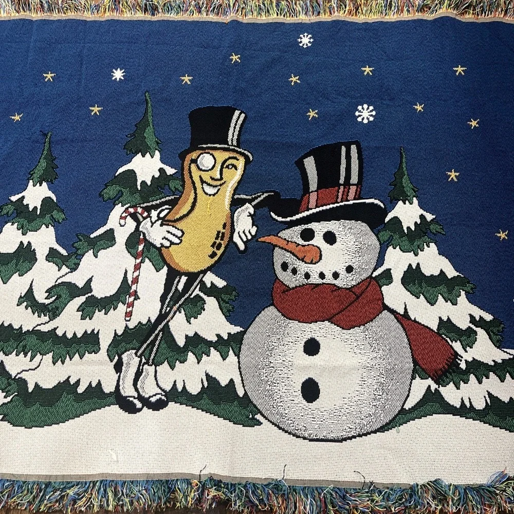 Rare Mr Peanut Throw‎ Blanket Planters Christmas Snowman Woven Tapestry 55 X 45